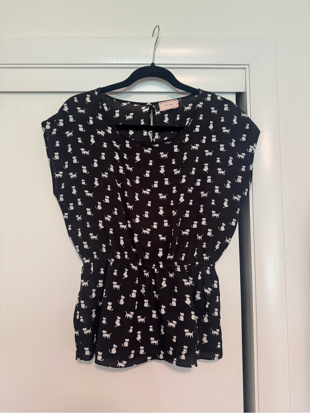 Black Top with White Cat Print Peplum Top. Small